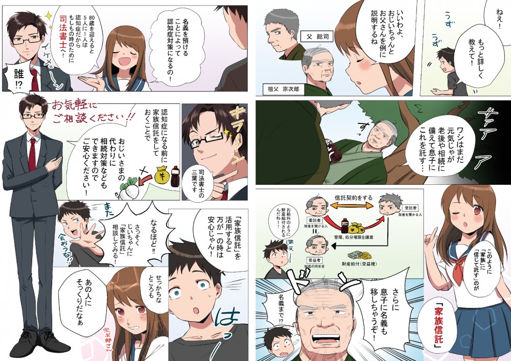 もっと詳しく教えて！おじいちゃんとお父さんを例に説明すると、まだ元気じゃが老後や相続に備えて息子にコレを託す。このように家族に信じて託すのが家族信託。さらに息子に名義も移してしまうぞ！名義を預けることによって認知症対策になるの。もしもの時の為に司法書士へ。家族信託をしておくことでおじいさまの代わりに相続対策などもできますのでご安心下さい。家族信託を活用すると万が一の時は安心じゃん！
