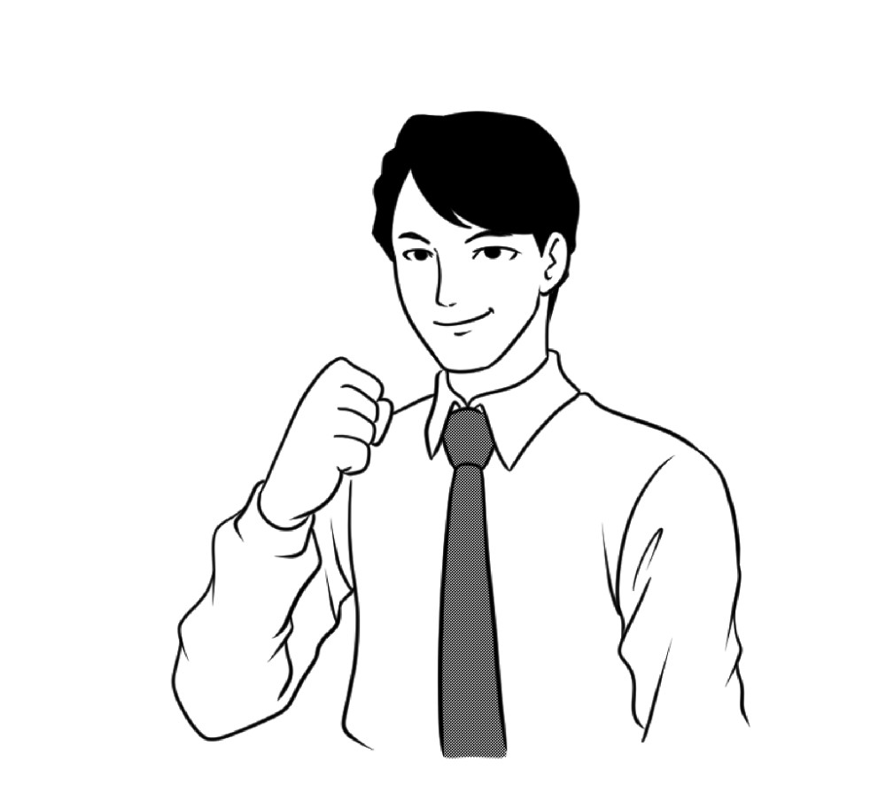 笑顔でガッツポーズをとる画。