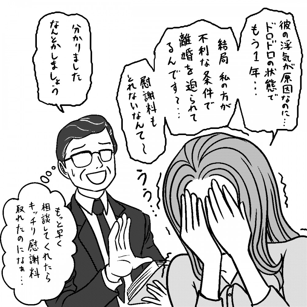 彼の浮気が原因なのに…ドロドロの状態でもう1年…結局、私の方が不利な条件で離婚を迫られてるんです～…慰謝料もとれないなんて～。分かりました、なんとかしましょう。もっと早く相談してくれたらキッチリ慰謝料取れたのになあ…