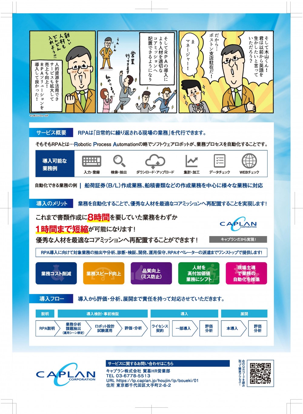 そして木下くん！君は以前から英語を生かしたいと言っていただろう？
だから・・・ボストン支店駐在だ！
まマネージャー！
そしてRPAの導入により人材を適切なコアミッションへ配置できるようになり
人的資源を活用できサービスも拡大して売上も向上！RPAソリューションを導入してよかった！
サービス概要
RPAは「日常的に繰り返される現場の業務」を代行できます。
導入のメリット
業務を自動化することで、優秀な人材を最適なコアミッションへ再配置することを実現します！
導入フロー
導入から評価・分析、展開まで責任を持って対応させていただきます。