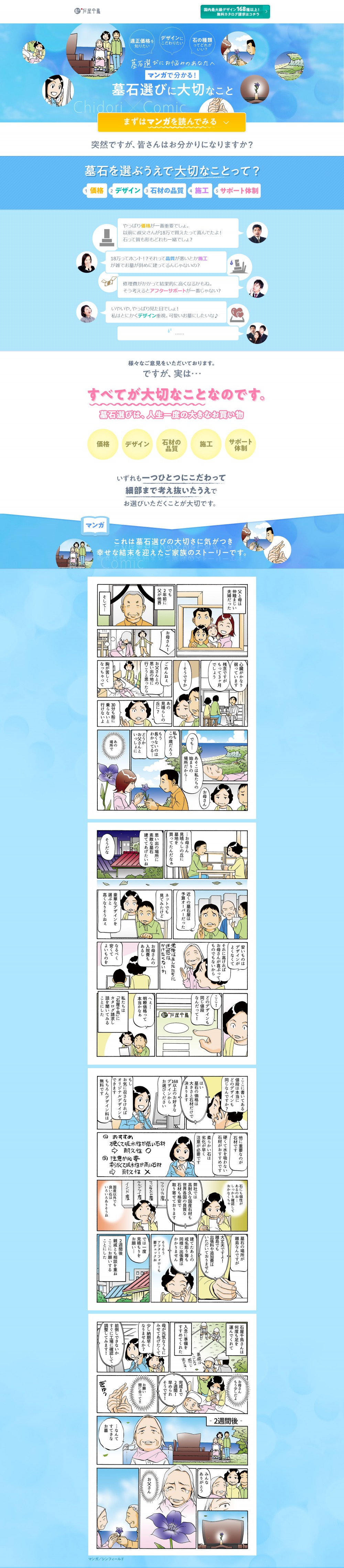 適正価格を知りたい、デザインにこだわりたい。石の種類ってどれがいい？墓石選びにお悩みのあなたへ。マンガで分かる！墓石選びに大切なこと。まずはマンがを読んでみる。突然ですが、皆さんはお分かりになりますか？