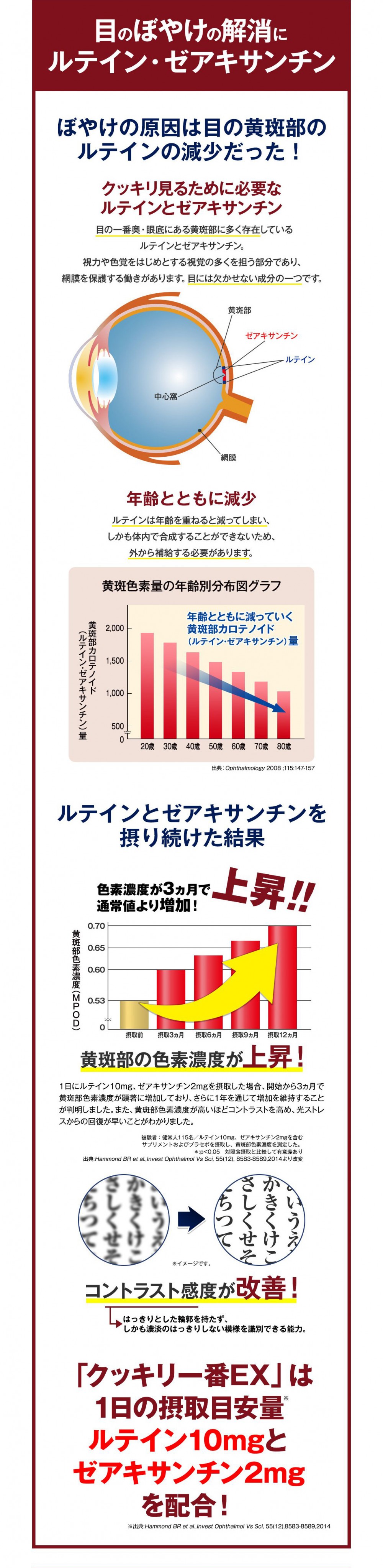 目のぼやけの解消にルテイン・ゼアキサンチン。ぼやけの原因は目の黄斑部のルテインの減少だった。クッキリ見るために必要なルテインとゼアキサンチン。目の一番奥・眼底にある黄斑部に多く存在しているルテインとゼアキサンチン。視力や色覚をはじめとする視覚の多くを担う部分であり、網膜を保護する働きがあります。目には欠かせない成分の一つです。「クッキリ一番EX」は１日の摂取目安量ルテイン10mgとゼアキサンチン2mgを配合！