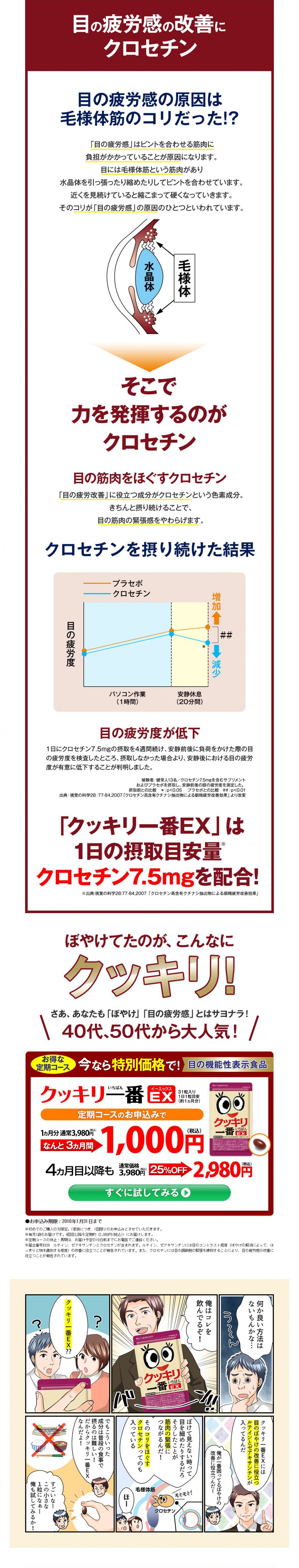 目の疲労感の改善にクロセチン。目の疲労感の原因は毛様体筋のコリだった⁉︎「目の疲労感」はピントを合わせる筋肉に負担がかかっていることが原因になります。目には毛様体筋という筋肉があり水晶体を引っ張ったり縮めたりしてピントを合わせています。近くを見続けていると縮こまって硬くなっていきます。そのコリが「目の疲労感」の原因のひとつといわれています。「クッキリ一番EX」は1日の摂取目安量クロセチン7.5mgを配合！何か良い方法はないもんかな。俺はコレを飲んでるぞ！クッキリ一番EX？クッキリ一番EXには目のぼやけの改善に役立つルテインとゼアキサンチンが入ってるんだ。俺が一番困ってるぼやけの改善に役立つんだ！ぼけて見えない時って目を細めたりするだろ。そうしたことが筋肉の緊張につながるんだ！そのコリをほぐすクロセチンってのも入っている。dめおこういった成分は普段の食事で摂るのは難しい！だからクッキリ一番EXなんだよ！すごいなーこの小さな１粒になぁー俺も試してみるか！
