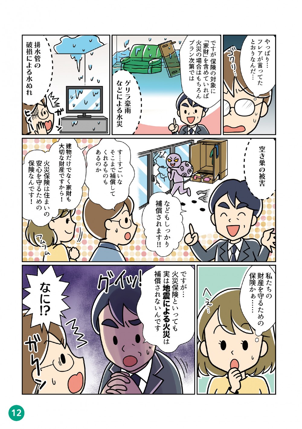 火災保険の保険対象について詳しく説明。保険の対象に「家財」を含めていれば火災以外に、ゲリラ豪雨による水災、排水管の破損による水濡れ、空き巣の被害などに適応する