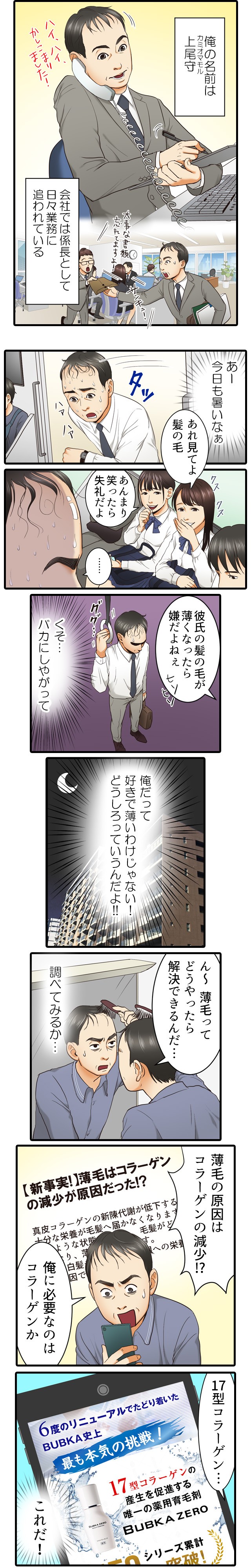 上尾守,コラーゲン,薄毛,彼氏の髪の毛が薄くなったら嫌だ,BUBKA ZERO。あれ見てよ、髪の毛。あんまり笑ったら失礼だよ。俺だって好きで薄いわけじゃない！どうしろっていうんだよ！！ん～、薄毛ってどうやったら解決できるんだ…薄毛の原因はコラーゲンの減少！？俺に必要なのはコラーゲンか。17型コラーゲン。