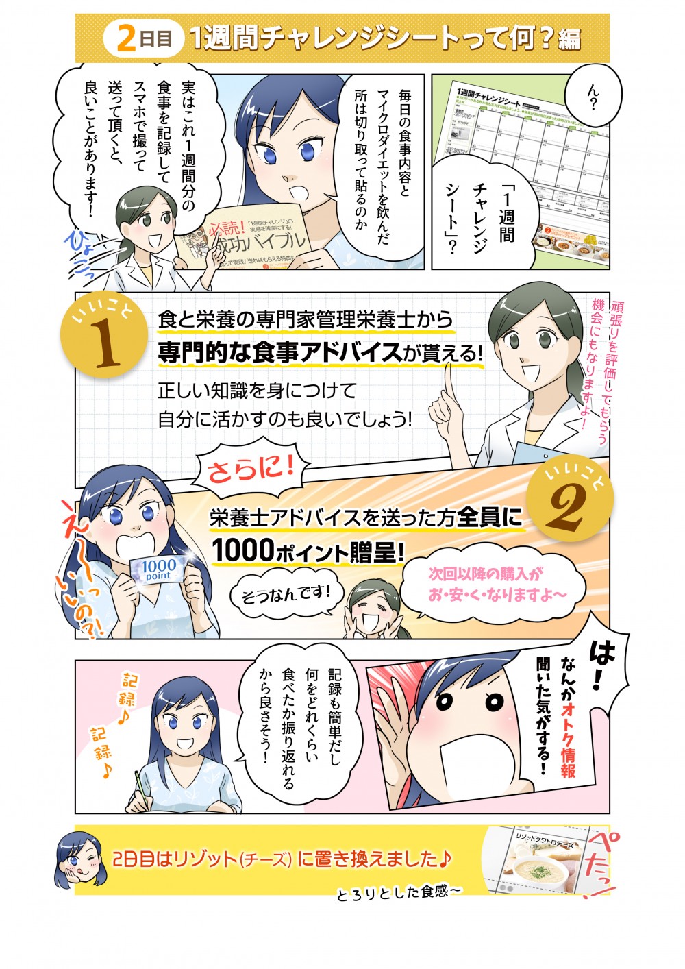 2日目はマイクロダイエットの特典について。「1週間チャレンジシート」？毎日の食事内容とマイクロダイエットを飲んだ所は切り取って貼るのか。いいこと1、食と栄養の専門家江管理栄養士から専門的な食事アドバイスが貰える！いいこと2、栄養士アドバイスを送った方全員に1000ポイント贈呈！