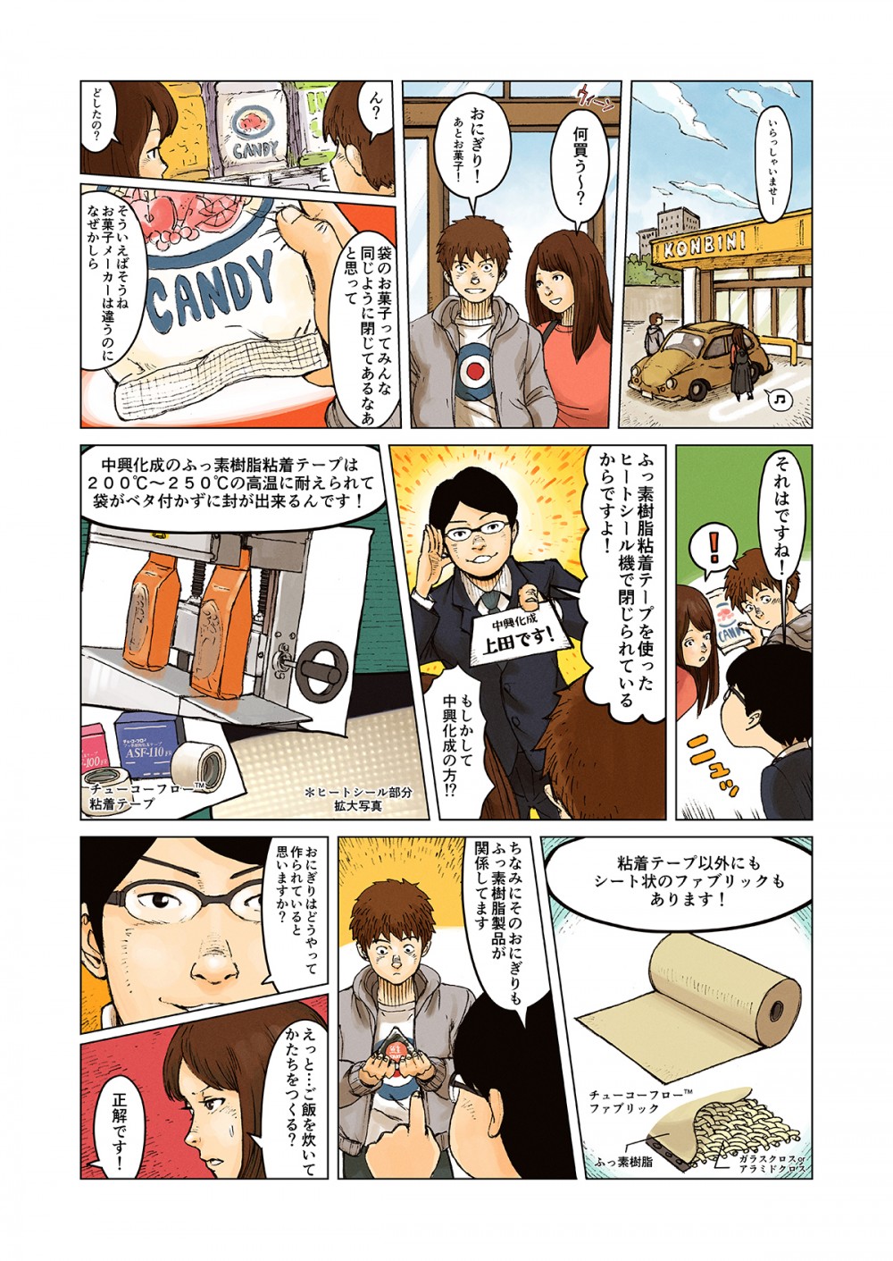袋のお菓子ってみんな同じようにとじこめてあるなあと思って。そういえばそうね。お菓子メーカーは違うのになぜ？ふっ素樹脂粘着テープを使ったヒートシール機で閉じ込められているからですよ。中興化成のふっ素樹脂粘着テープは袋がべたつかずに封ができるんです。