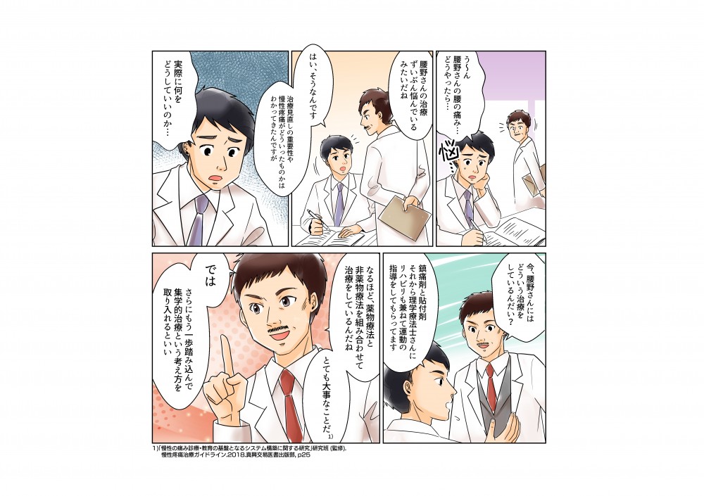 治療見直しの重要性や慢性疼痛がどういったものかはわかったけれど実際に何をどうしていいか判らない。鎮痛剤と湿布剤理学療法士さんにリハビリも兼ねて運動指導もしてもらってます。なるほど薬物療法と非薬物療法を組み合わせて治療しているんだね。とても大事なことだ。では集学的治療という考え方も取り入れるといい。
