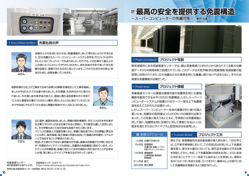 先輩社員の声。最高の安全を提供する免震構造。スーパーコンピューターの免震対策。事例；気象庁。プロジェクト背景。プロジェクト課題。プロジェクト工夫。全体スケジュール。