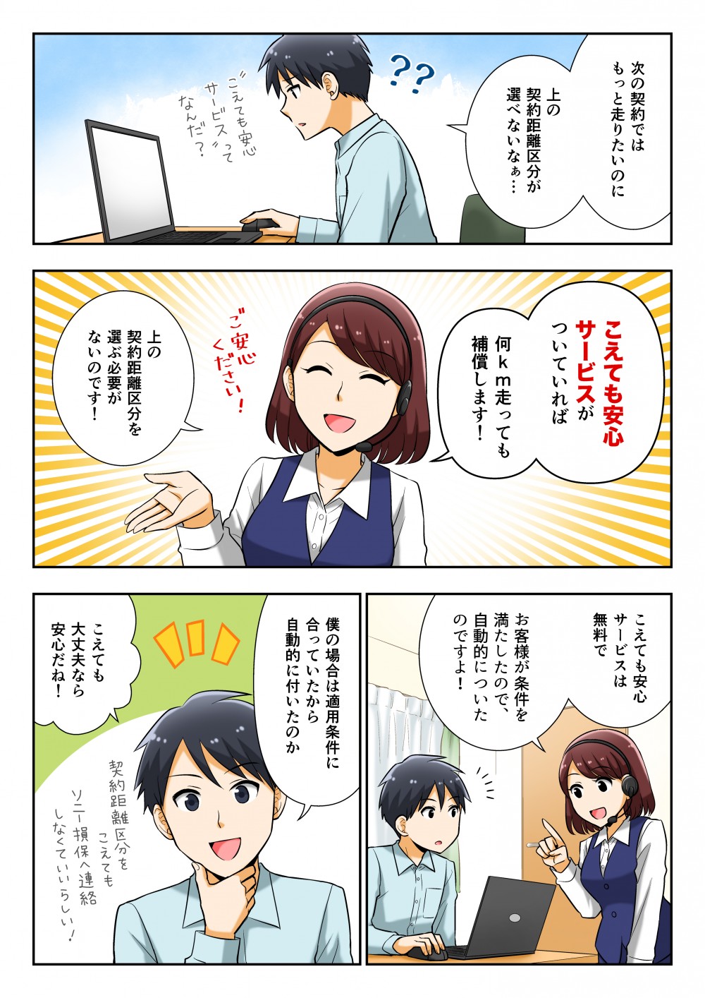 次の契約ではもっと走りたいのに上の契約距離区分が選べないなぁ…こえれも安心サービスがついていれば何ｋｍ走っても捕償します！上の契約距離区分を選ぶ必要がないのです！僕の場合は適用条件に合っていたから自動的に付いたのか。こえても大丈夫なら安心だね！