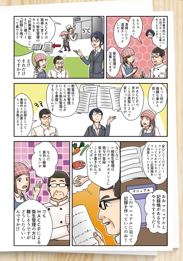 食中予防のために、お店の中でやってることってありますよね。
そりゃもちろん。清掃したり、 温度チェックしたり衛生管理は注意してます。
HACCPは簡単に言うと、その衛生管理のやり方を「計画書」に起こし、 それに基づく 「記録」を残す って事です!
え?それだけですか?もっと何か複雑な事かとかと思ってた。
HACCPで 求められていることは業態によって 変わってきますが飲食店ですと、 一般衛生管理 そしてHACCP による衛生管理の一 2つを書類にすることなんです。
小まめに記録をとって書類作りが必要となると..ちょっとてまだなぁ。
安心してください! ライオンハイジーンではとってもわかりやすいマニュアルと記録帳をご用意しています!
おお マニュアルと 記録帳があるなら やりやすそうだ。
このマニュアルに沿って記録を作っていくのね。
なになに一般衛生管理は、このチェックポイントに我々が普段気を付けていることを書き込んでいけばいいのか。
なんだ意外と簡単じゃないか。
でもHACCPによる 衛生管理の方は、 難しそうですがどうしたらいい んですか。



