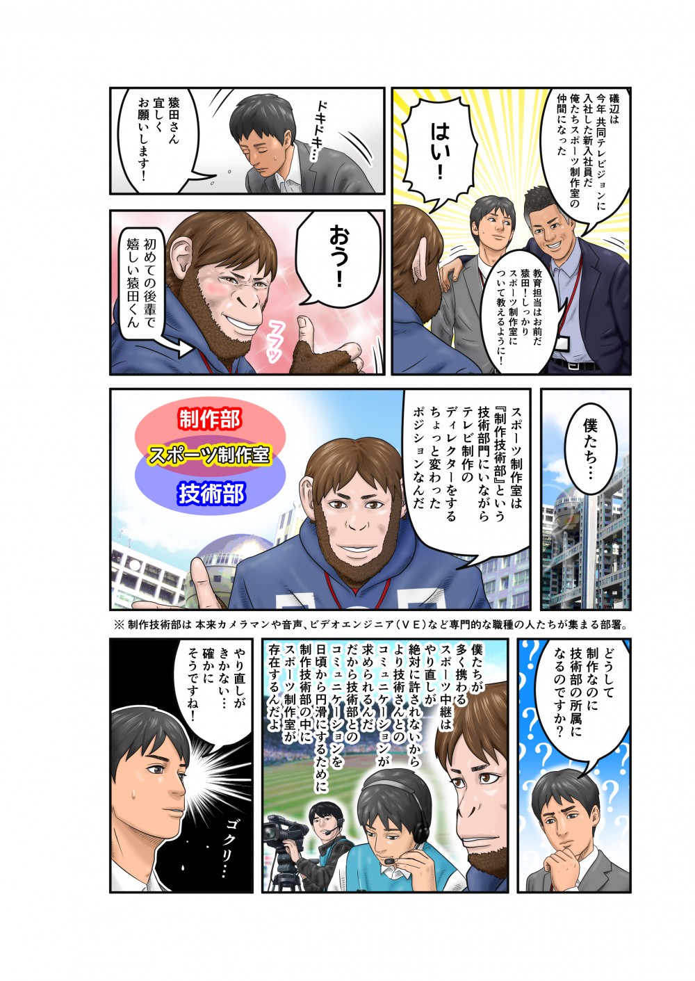 礒部は猿田と丸山と共にスポーツ制作室に所属。そこで猿田が礒部の教育担当になることに。スポーツ制作室は「制作技術部」という部門にいながらテレビ制作のディレクターをする少し変わったポジション。やり直しが絶対に許されないスポーツ中継で技術部とのコミュニケーションを日頃から円滑にするために制作技術部の中にスポーツ制作室は存在している。