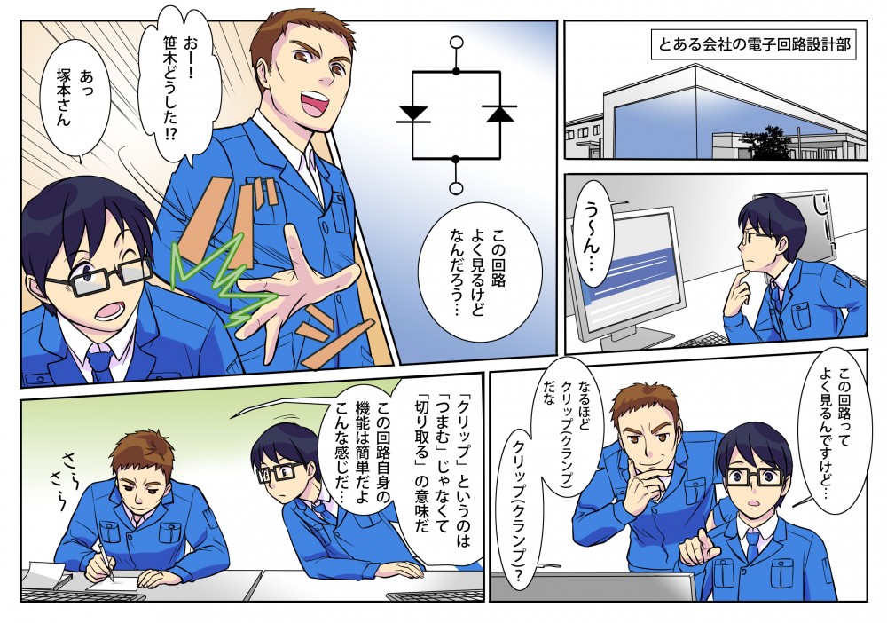 この回路よく見るけどなんだろう…なるほどクリップ（クランプ）だな？「クリップ」というのは「つまむ」じゃなくて「切り取る」の意味だこの回路自身昨日は簡単だよこんな感じだ…