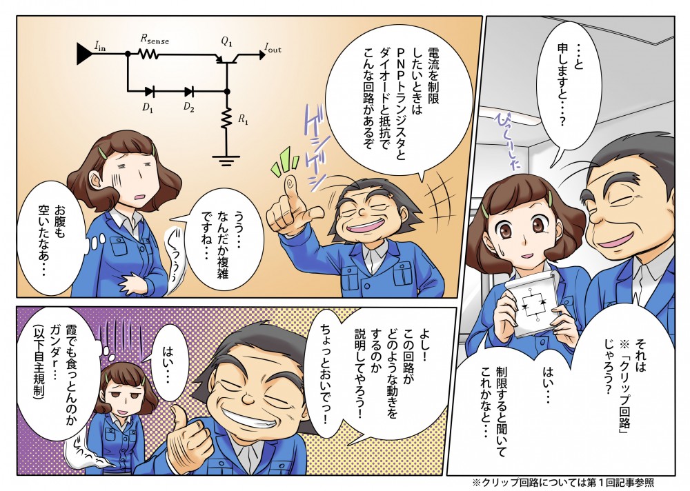 それは※「クリップ回路」じゃろう？はい・・・制限すると聞いてこれかなと・・・電流を制限したいときはPNPトランジスタとダイオードと抵抗でこんな回路があるぞよしこの回路がどのような動きをするのか説明してやろう！ちょっとおいでっ！