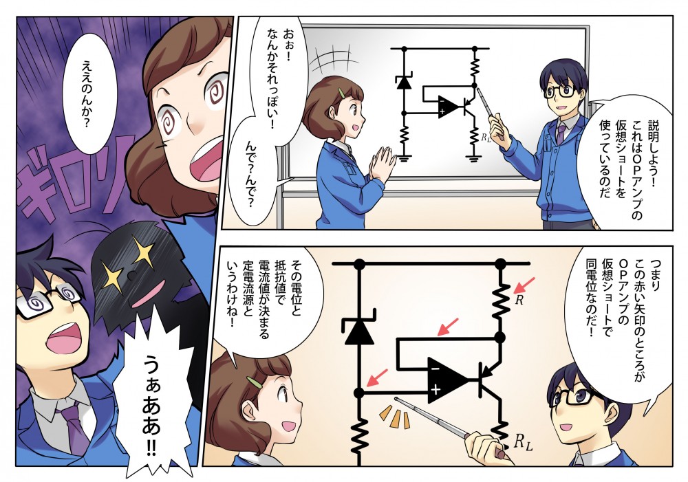 これはOPアンプの仮想ショートを使っているのだ。電位と抵抗値が決まる定電流源というわけ。