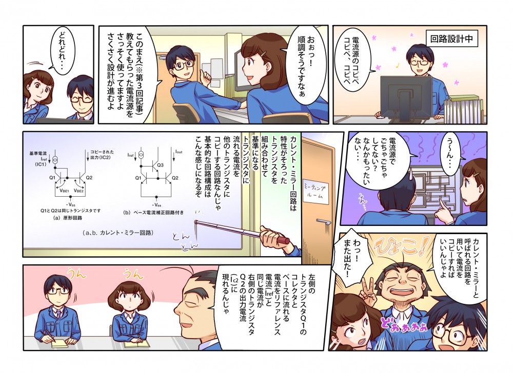 カレントミラー回路を用いて電流をコピーすればいいんじゃよ。カレントミラー回路は特性そろったトランジスタを組み合合わせて基準になるトランジスタに流れる電流を他のトランジスタにコピーする回路なんじゃ。基本的な回路構成はこんな感じになるぞ。