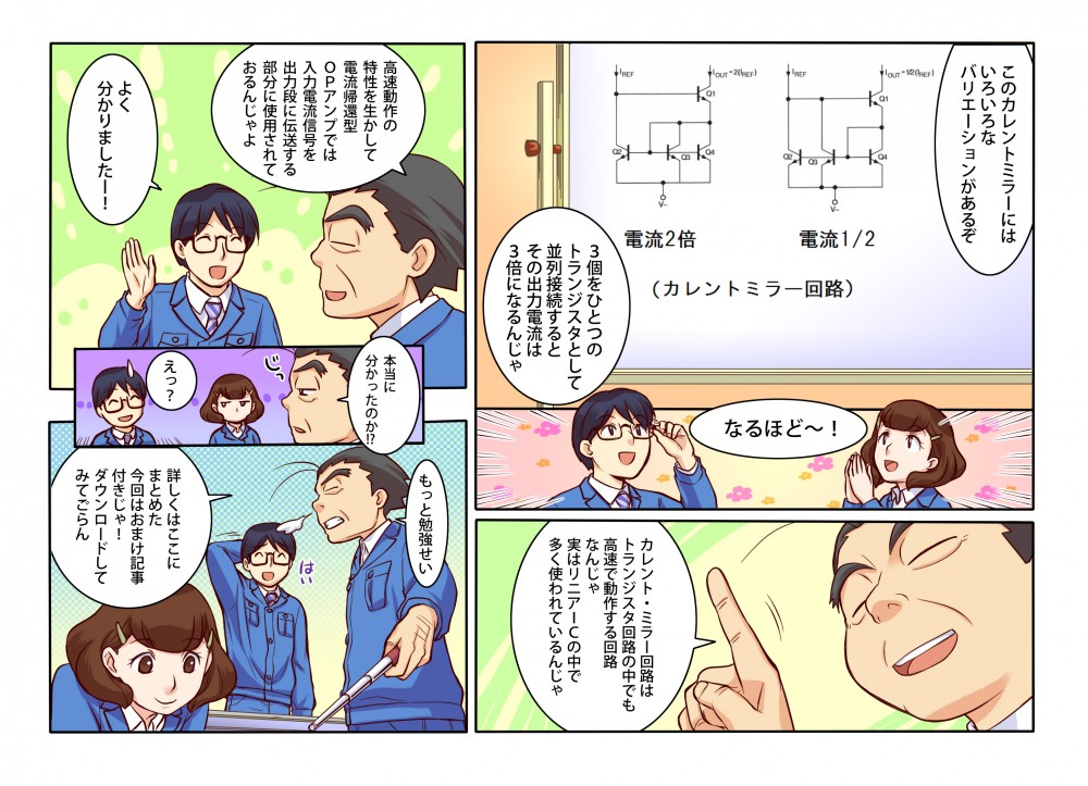 カレント・ミラー回路はトランジスタ回路の中でも高速で動作する回路なんじゃ。実はリニアICの中で多く使われているんじゃ。高速動作の特性を生かして電流帰還型OPアンプでは入力電流信号を出力段に伝送する部分に使用されておるんじゃ。詳しくまとめたおまけ記事付きじゃ。