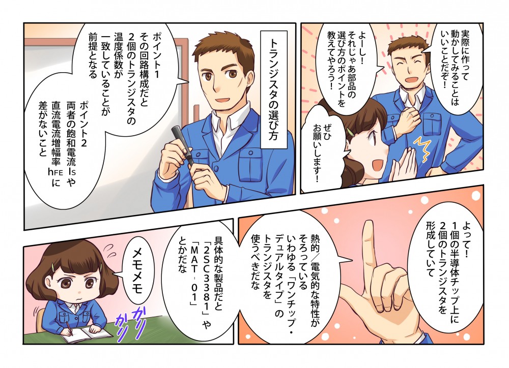トランジスタの選び方、ポイント1その回路構成だと2個のトランジスタの温度係数が一致していることが前提となる。ポイント2両者の飽和電流lsや直流電流増幅率hFEに差がないこと