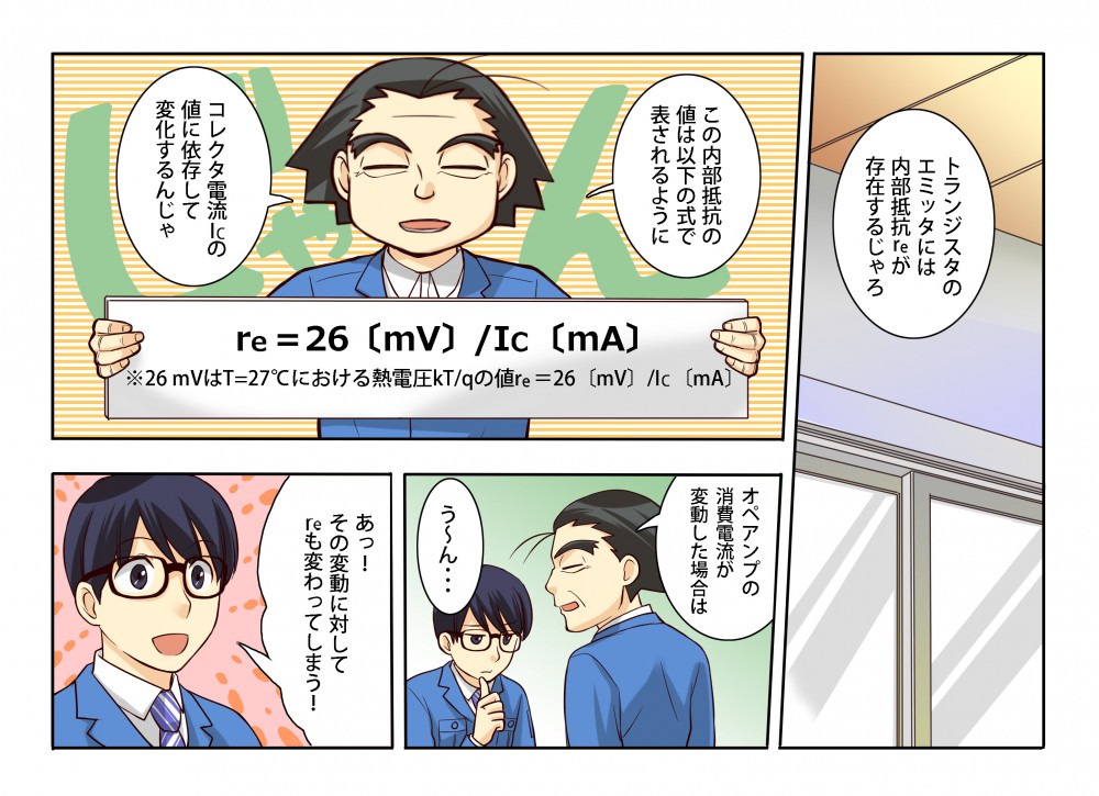 内部抵抗は、re=26[mV]/Ic[mA]と表されるように、コレクタ電流Icの値に依存して変化する。だからオペアンプの消費電流が変動した場合はre(内部抵抗)も変わってしまう。