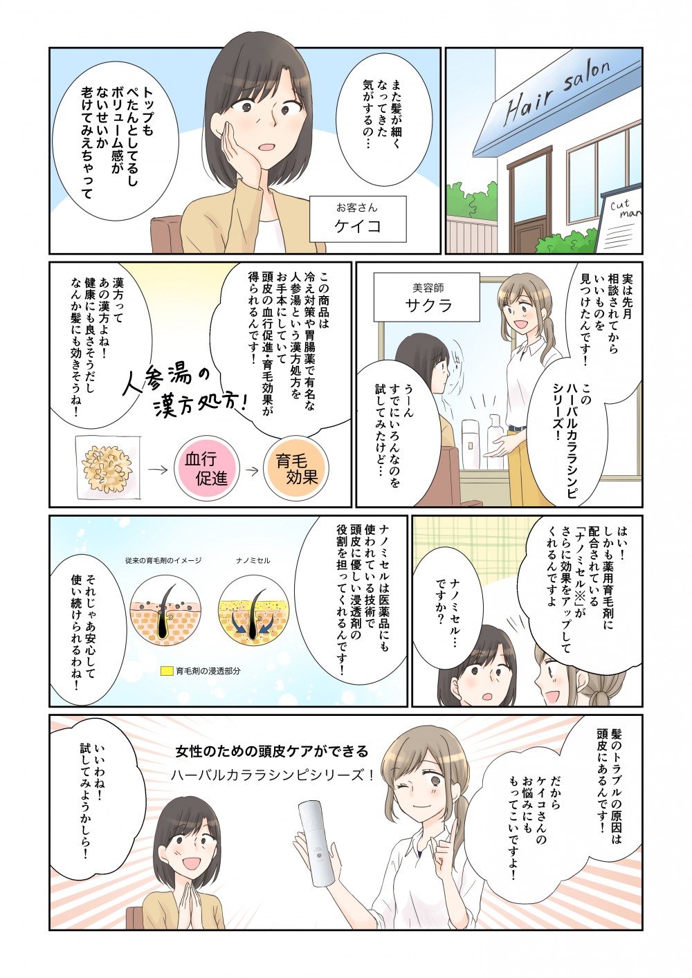 髪のトラブルの原因は 頭皮にあるんです!実は先月相談されてからいいもの見つけたんです!このハーバルカララシンピ シリーズ!はい!しかも薬用育毛剤に 配合されている「ナノミセル※」がさらに効果をアップしてくれるんですよ」だからケイコさんのお悩みにももってこいですよ!ナノミセル...ですか?また髪が細くなってきた。気がするの...うーん」すでにいろんなのを 試してみたけど・・・お客さんケイコナノミセルは医薬品にも使われている技術で頭皮に優しい浸透剤の 役割を担ってくれるんです!この商品は 冷え対策や胃腸薬で有名な人参湯という漢方処方をお手本にしていて頭皮の血行促進・育毛効果が得られるんです!育毛促進効果女性のための頭皮ケアができるハーバルカララシンピシリーズ!ナノミセル漢方方」血行育毛剤の浸透部分従来の育毛剤のイメージトップもぺたんとしてるしボリューム感がないせいか老けてみえちゃって漢方ってあの漢方よね!健康にも良さそうだしなんか髪にも効きそうね!それじゃあ安心して使い続けられるわね!いいわね! 試してみようかしら!