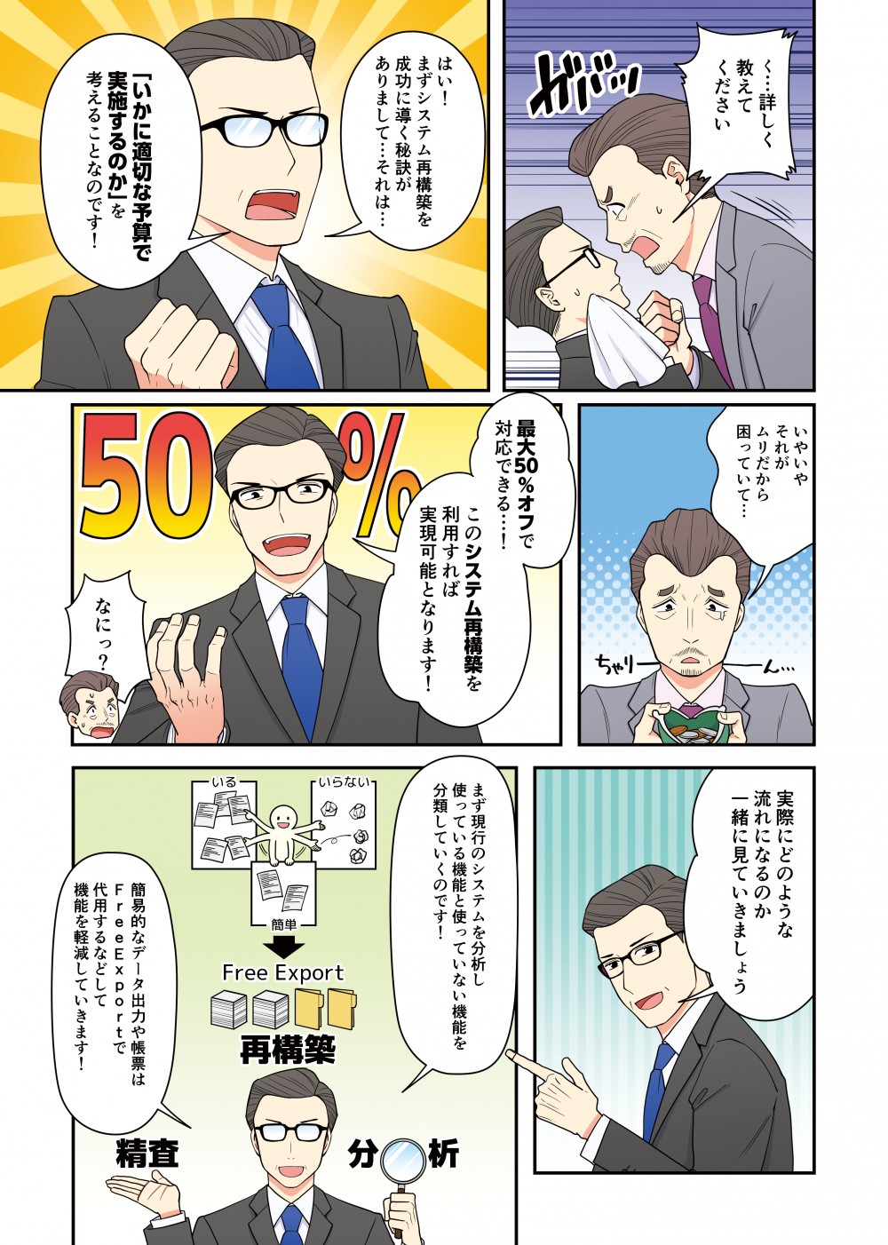 まず現行のシステムを分析し使ってる部分使っていない部分を精査し再構築に必要な部分を明確に！そして簡易的な出力系機能はFreeExportで代用する事で再構築機能を軽減！はい！ニーズに合わせて作ります！それに古くなってカスタマイズできない…ってこともありません！いままで複雑で限られた人しかできなかったシステムもUI/UXのデザインを良くし！モックアップから作るので誰でも納得のイメージ通りの仕上がりに！複雑なインターフェースじゃなくなって見やすいし！これならだれでも使える！バラバラに管理していたものもこのシステムで一貫性のある管理に！