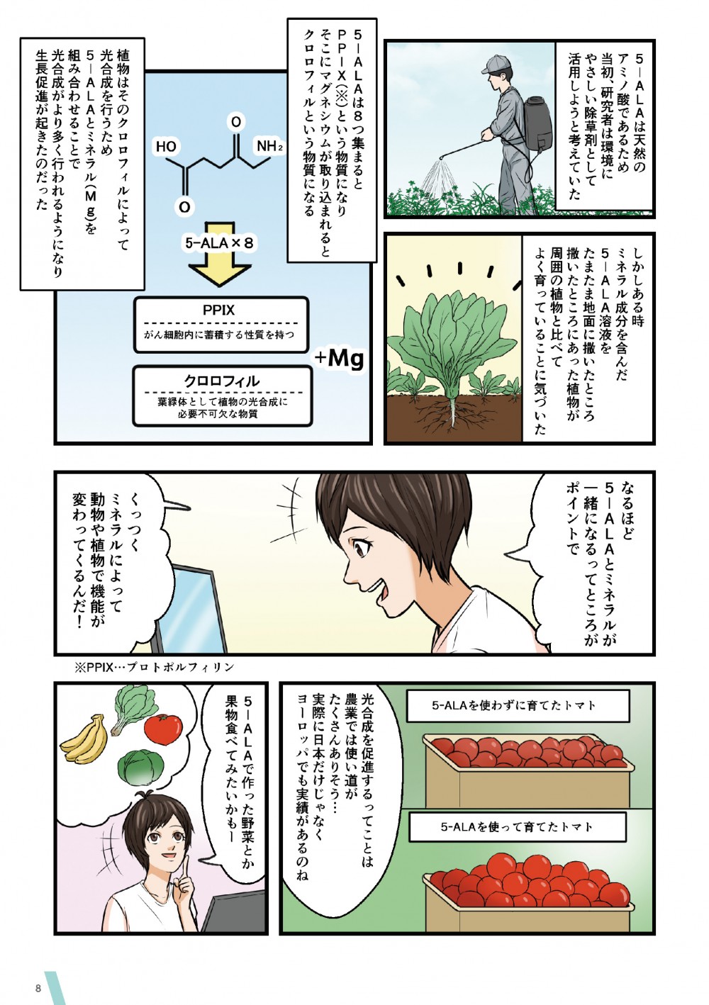 5-ALAは当初、天然の除草剤として研究が進められたが、逆に周囲よりよく育ってしまう結果になった。調べてみると、マグネシウムと組み合わせると成長促進作用があったのだ。
