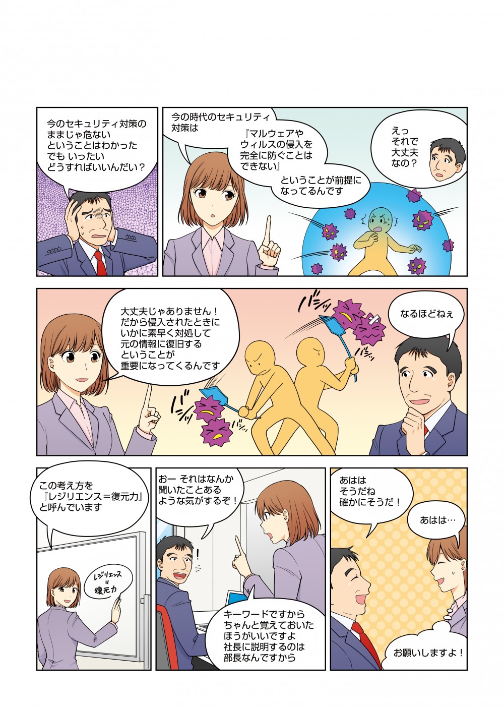 今の時代のセキュリティ対策は『マルウェアやウィルスの侵入を完全に防ぐことはできない』ということが前提になっているんですこの考え方を『レジリエンス＝復元力』と呼んでいますキーワードですからちゃんと覚えておいたほうがいいですよ