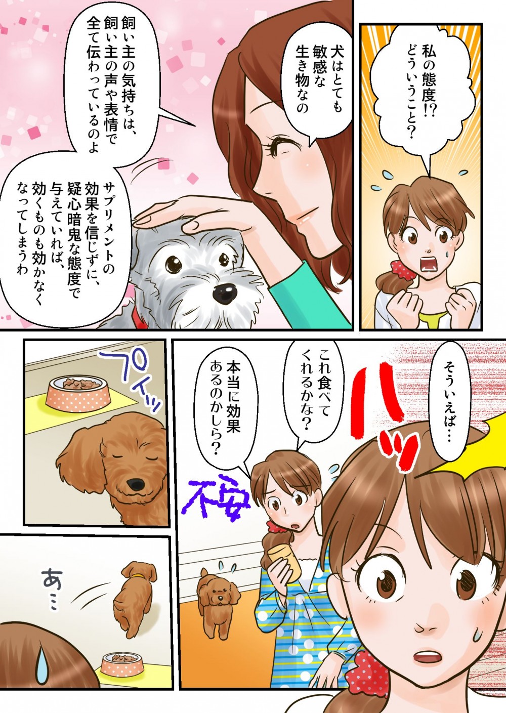 犬は敏感な生き物なので飼い主の気持ちは飼い主の声や表情ですべて伝わっている。疑心暗鬼な態度で与えていれば効くものも聞かなくなってしまう。