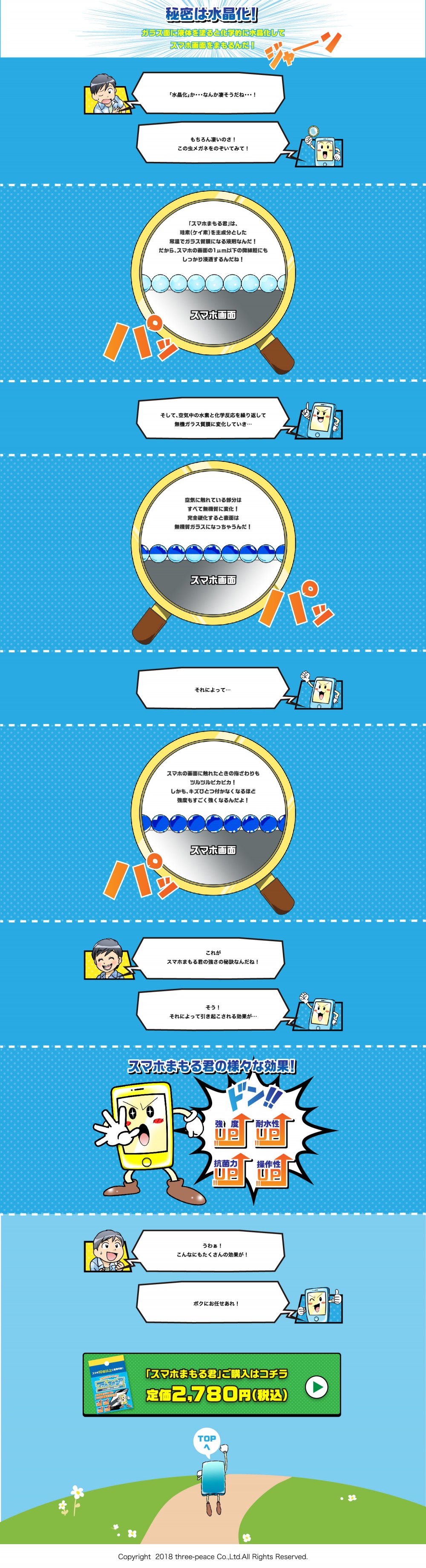 秘密は水晶化！
「水晶化」か・・・なんかすごそうだね！
もちろん凄いのさ！この虫メガネをのぞいてみて！
「スマホまもる君」は、ケイ素を主成分とした常温でガラス質幕になる液剤なんだ！
だから、スマホの画面の１μｍ以下にもしっかり浸透するんだね！