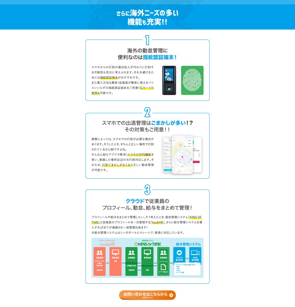 さらに海外ニーズの多い機能も充実！！1、海外の勤怠管理に便利なのは指紋認証端末！2、スマホでの出退管理はごまかしが多い！？その対策もご用意！！3、クラウドで従業員のプロフィール、勤怠、給与をまとめて管理！