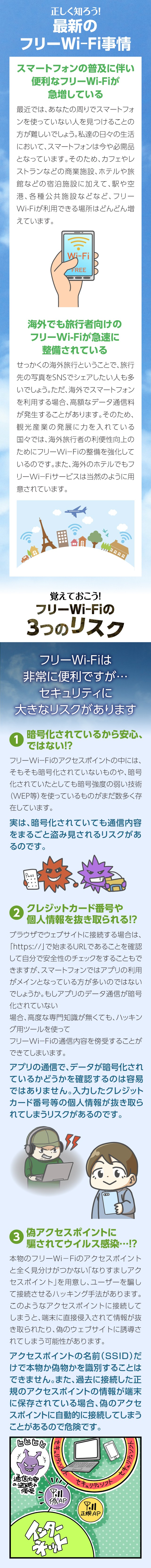 最新のフリーWi-Fi事情。スマートフォンの普及に伴い便利なフリーWi-Fiが急増している。フリーWi-Fiに３つのリスク。①暗号化されているから安心ではない！？②クレジットカード番号や個人情報を抜き取られる！？③偽アクセスポイントに騙されてウイルス感染！？