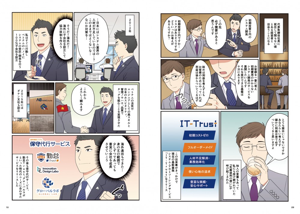 社長に就任して間もない頃、とある経営者と出会い、初期費用0円のシステム開発サービスの話をする。経営者にも賛同され、現在の基幹業務、システム・アウトソーシングサービス「IT-Trust」をリリース。2012年ベトナムハノイに子会社を設立。
その後、保守代行サービス、勤怠Trust、グローバルラボといったサービスをリリースした。