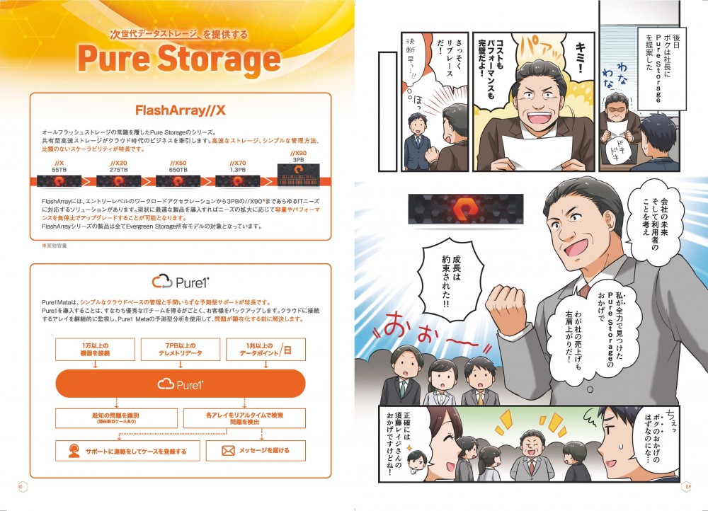 主人公は早速社長に提案。
コンテンツページ。Pure Storageの種類。FlashArray//XやPure1がある。