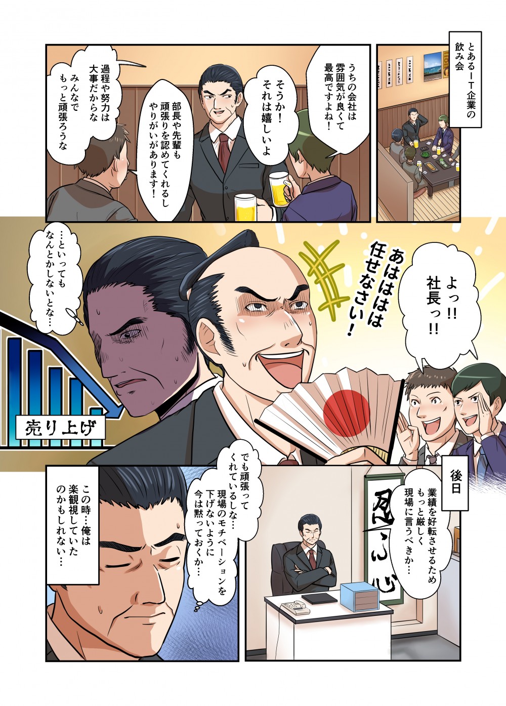 社員に雰囲気が良くて最高な会社。やりがいがあると社員に言ってもらえる。しかし、売り上げは減少傾向である。部下のモチベーションが気になる。