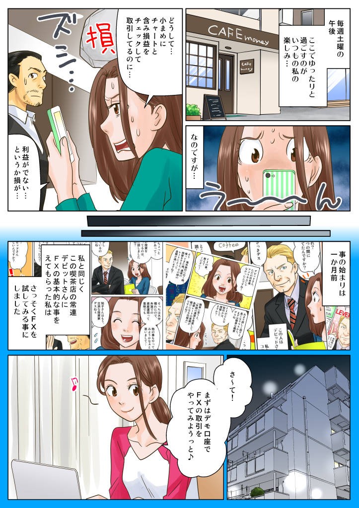 どうして小まめにチャートと含み損益をチェックして取引しているのに・・・利益がでない・・・というか損が・・・事の始まりは１か月前私と同じくこの喫茶店の常連デビットさんにFXの基本的な事をえてもらった私はさっそくFXを試してみる事にしました
