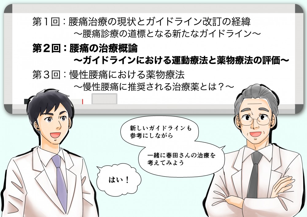 腰痛治療の現状とガイドライン改訂の経緯～腰痛診療の道標となる新たなガイドライン～腰痛の治療概論～ガイドラインにおける運動療法と薬物療法の評価～慢性腰痛における薬物療法～慢性腰痛に推奨される治療薬とは？～