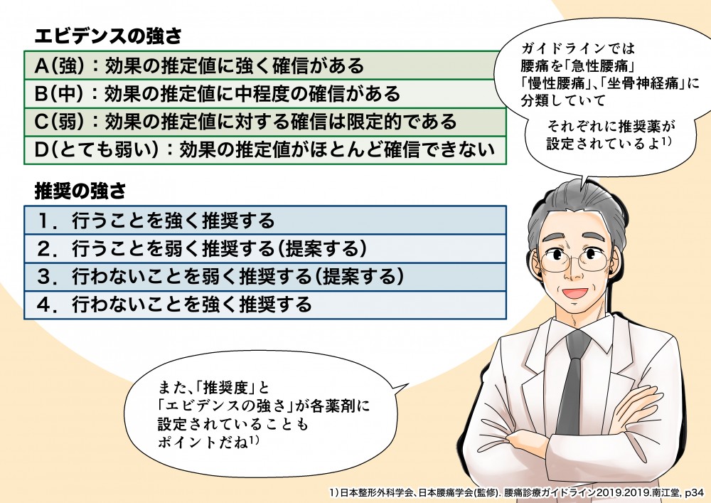 エビデンスの強推奨の強さ腰痛を「急性腰痛」「慢性腰痛」、「坐骨神経痛」に分類してそれぞれに推奨薬が設定