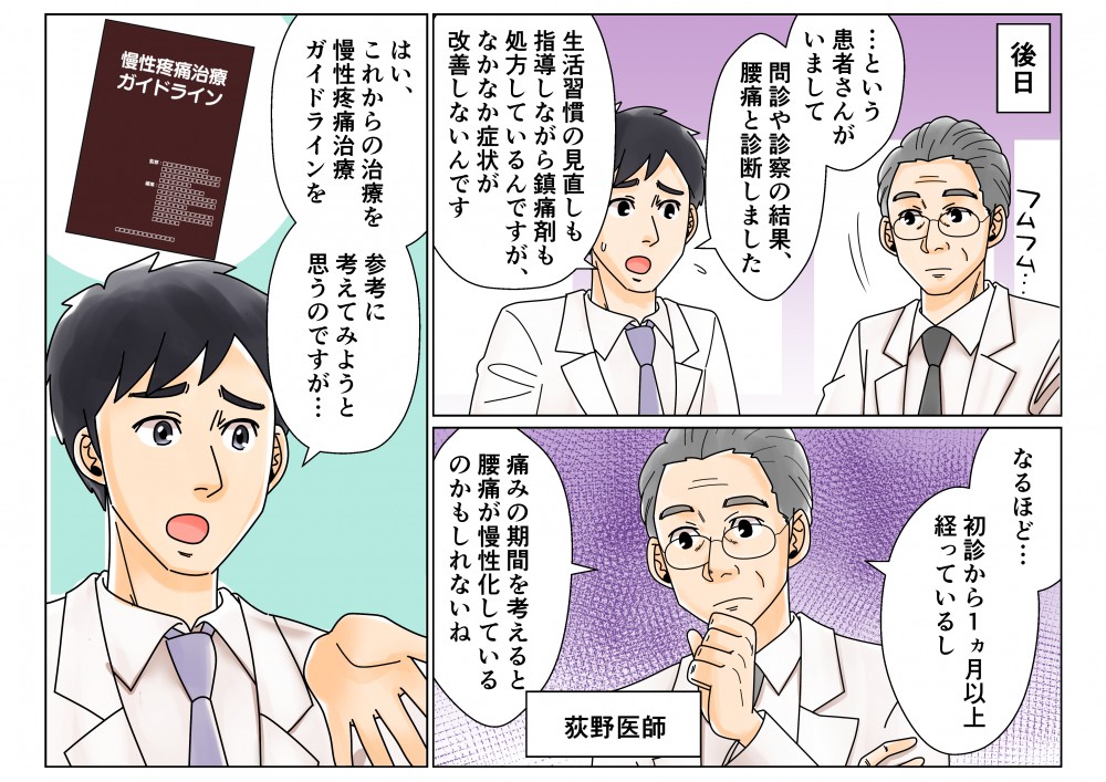 問診診察の結果、腰痛と診断しました生活習慣の見直しも指導しながら腰痛剤も処方しているんですがなかなか症状が改善しない初診から１ヵ月以上経っているし痛みの期間を考えると腰痛が慢性化これからの慢性疼痛治療ガイドラインを参考に