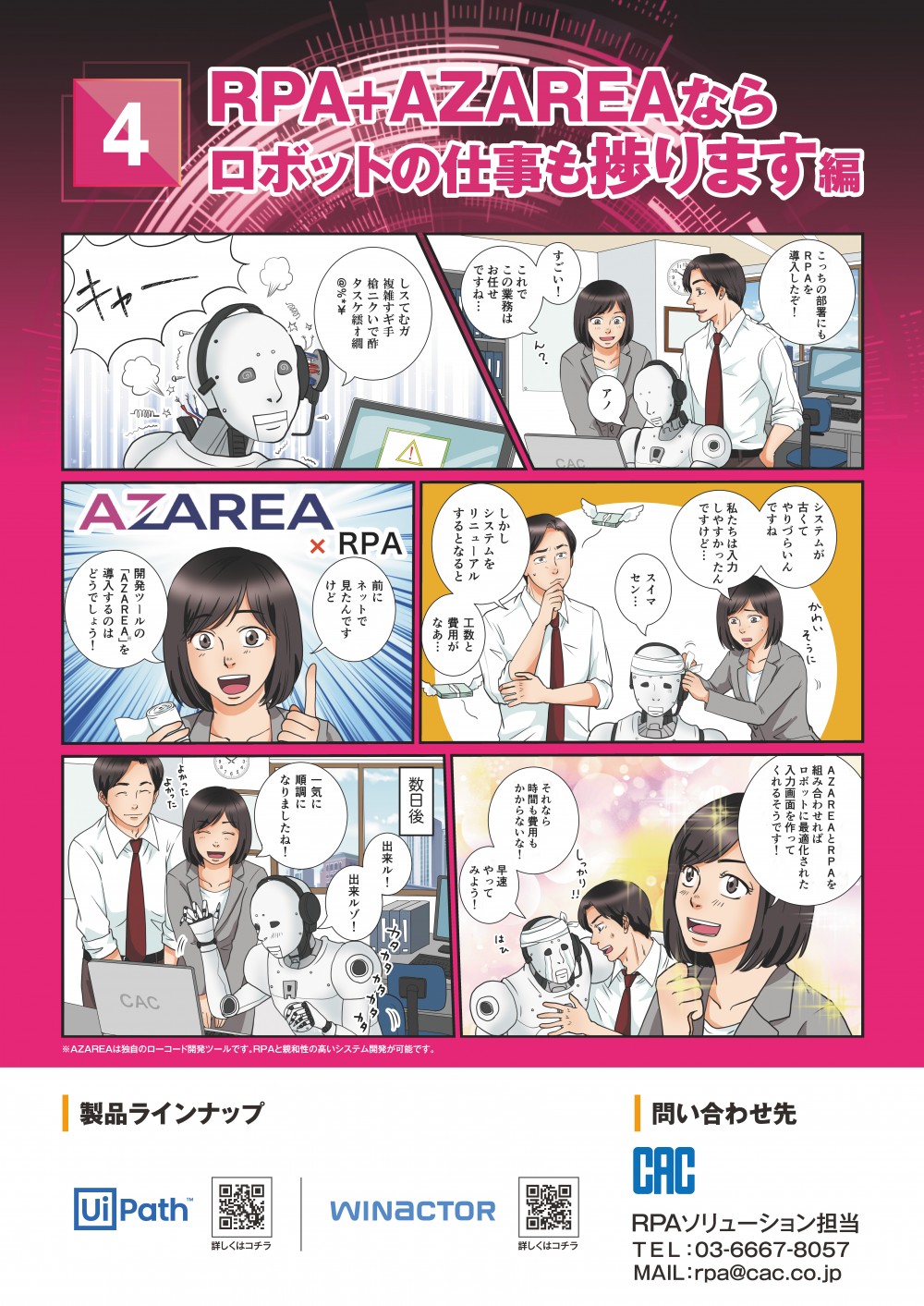 RPA+AVAREAならロボットの仕事も捗ります編。こっちの部署にもRPAを導入したぞ！すごい！これでこの業務はお任せですね…システムが古くてやりづらいんですね。しかしシステムをリニューアルするとなると、工数と費用がなあ…開発ツールの「AZAREA」を導入するのはどうでしょう！AZAREAとRPAを組み合わせればロボットに最適化された入力画面を作ってくれるそうです！一気に順調になりましたね！
