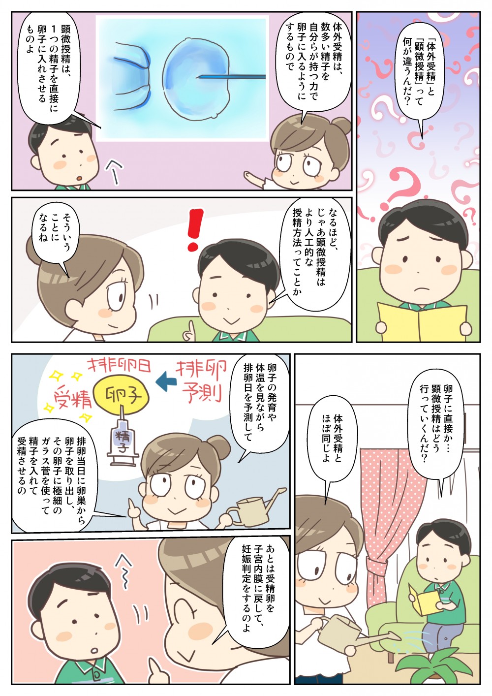 体外受精と顕微授精の違い。体外受精は数が多い精子を自分らが持つ力で卵子に入るようにするもの。顕微授精は、１つの精子に直接卵子にいれさせるもの