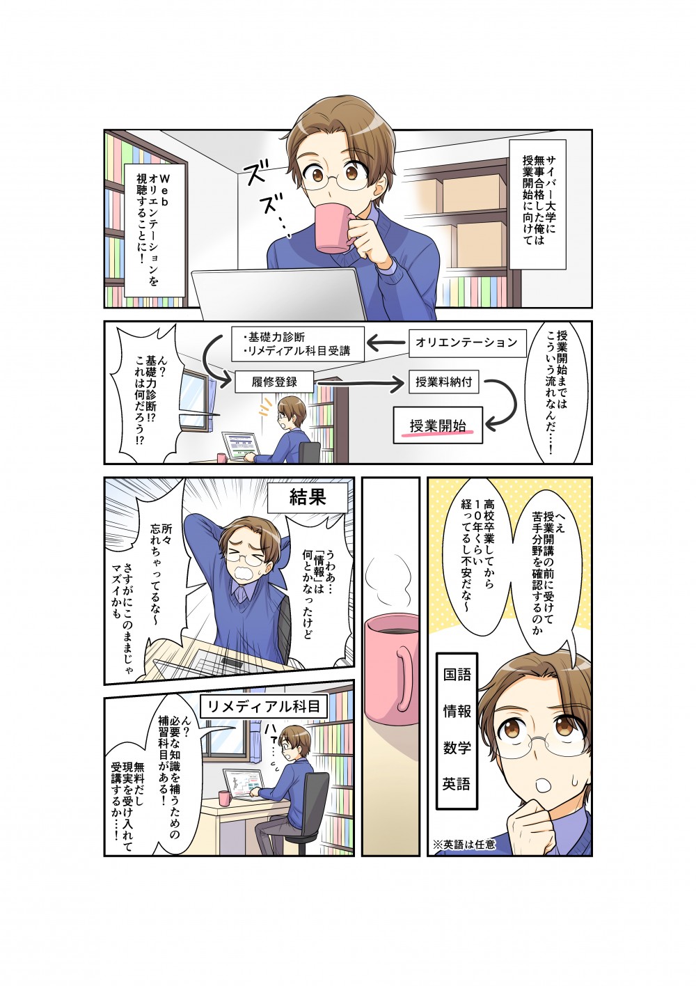 サイバー大学に無事合格した俺は、授業開始に向けてWebオリエンテーションを視聴することに！基礎力診断！？授業開講の前に受けて苦手分野を確認するのか。必要な知識を補うための補修科目がある！無料だし現実を受け入れて受講するか…！