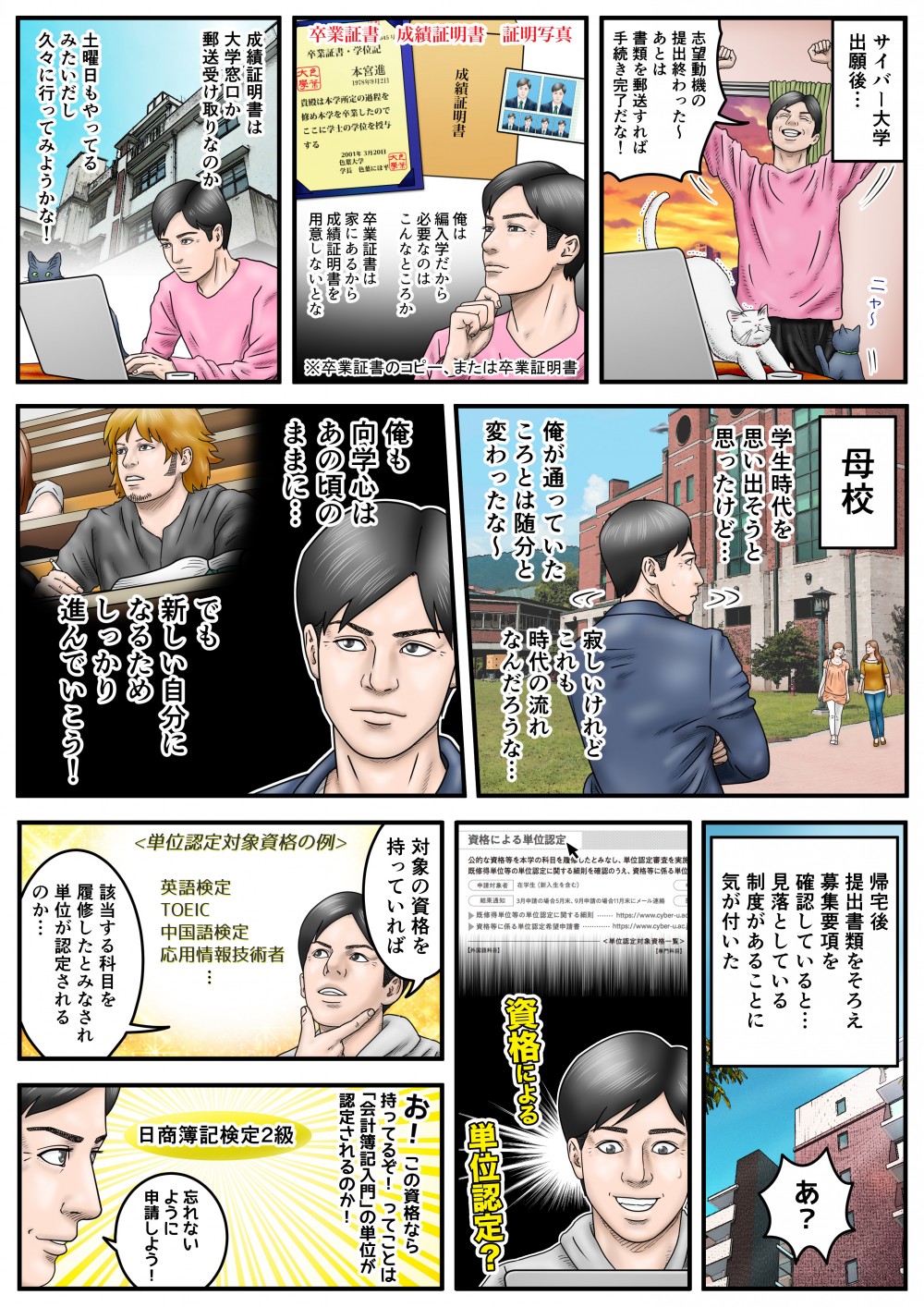 サイバー大学出願後…俺は編入学だから必要なのはこんなところか。卒業証書・成績証明書・証明写真。成績証明書は大学窓口か郵送受け取りなのか、土曜日もやっているみたいだし、久々に行ってみようかな！学生時代を思い出そうと思ったけど…俺が通っていたころとは随分と変わったな～。寂しいけどこれも時代の流れなんだろうな…俺も向学心はあの頃のままに…でも新しい自分になるためしっかり進んでいこう！資格による単位認定?対象の資格を持っていれば、該当する科目を履修したとみなされ、単位が認定されるのか…