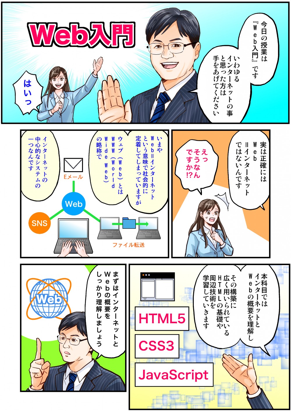 今日の授業は「Web入門」です。いわゆるインターネットの事と思った方は手をあげてください。実は正確にはWeb=インターネットではないんです。インターネットの中心的なシステムの一つなんです。本科目ではインターネットとWebの概要を理解し、その構築に広く用いられるHTMLの基礎や周辺技術を学習していきます。