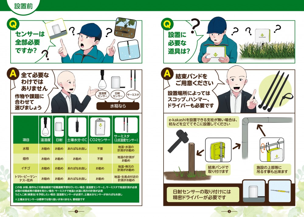 センサーは全部必要ですか？全て必要なわけではありません。作物や課題に合わせて選びましょう。温湿度センサー、日射、土壌水分・EC、CO2センサー、サーミスタ。設置に必要な道具は？結束バンドをご用意ください。設置場所によっては、スコップ、ハンマー、ドライバーも必要です。e-kakashiを設置できる支柱が無い場合は、杭などを立てて、そこに設置してください。日射センサーの取り付けには、精密ドライバーが必要です。