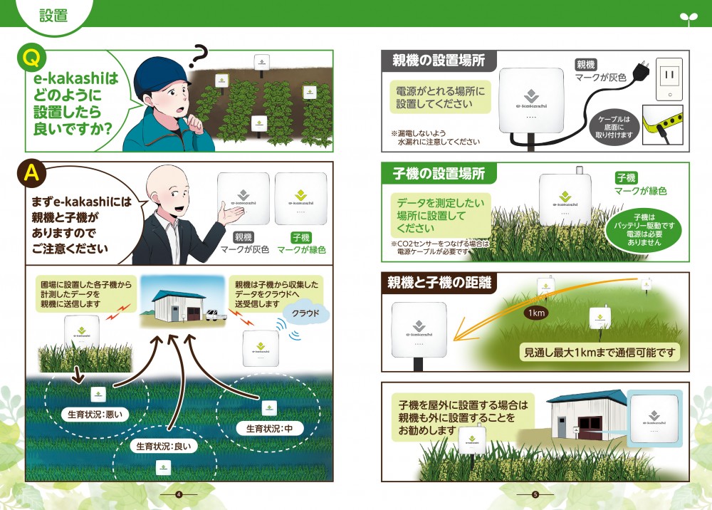 e-kakashiはどのように設置したら良いですか？まずe-kakashiには親機と子機がありますので、ご注意ください。親機、マークが灰色。子機、マークが緑色。設置したら各子機から計測したデータを親機に送信します。親機は子機から収集したデータをクラウドへ送受信します。親機の設置場所、電源が取れる場所に設置してください。子機の設置場所。データを測定したい場所に設置してください。
親機と子機の距離、見通し最大1kmまで通信可能です。子機を屋外に設置する場合は、親機も外に設置することをお勧めします。