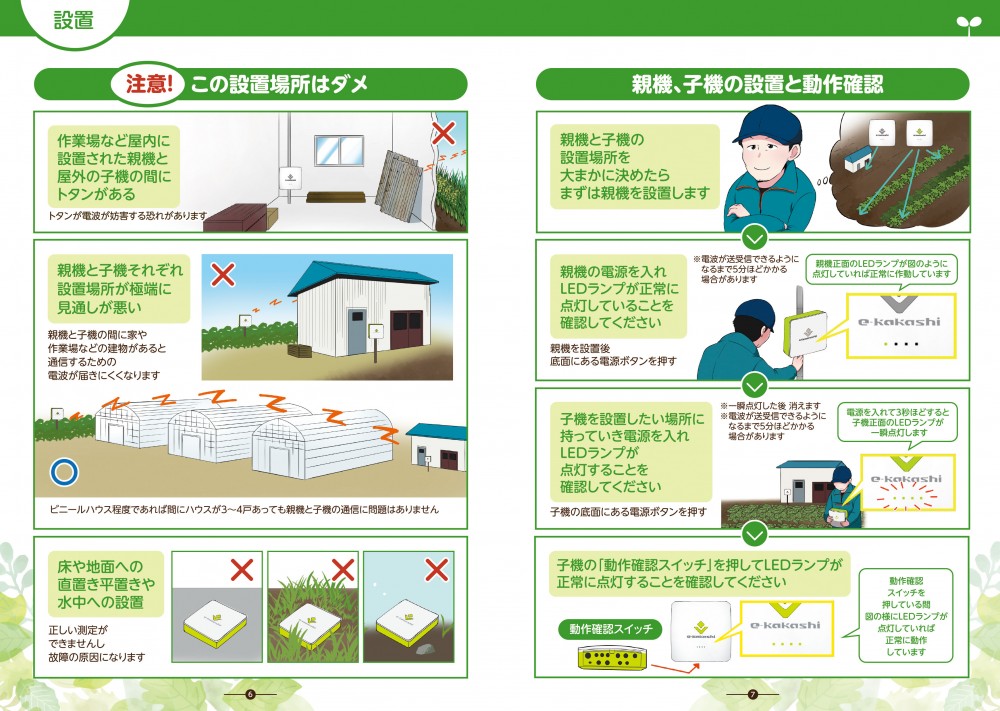 注意！この設置場所はダメ。作業場など屋内に設置された親機と屋外の子機の間にトタンがある。親機と子機それぞれ設置場所が極端に見通しが悪い。床や地面への直置き平置きや、水中への設置。親機、子機の設置と動作確認。親機と子機の設置場所を大まかに決めたら、まずは親機を設置します。親機の電源を入れ、LEDランプが正常に点灯していることを確認してください。子機を設置したい場所に持っていき、電源を入れLEDランプが点滅することを確認してください。子機の「動作確認スイッチ」を押してLEDランプが正常に点灯することを確認してください。