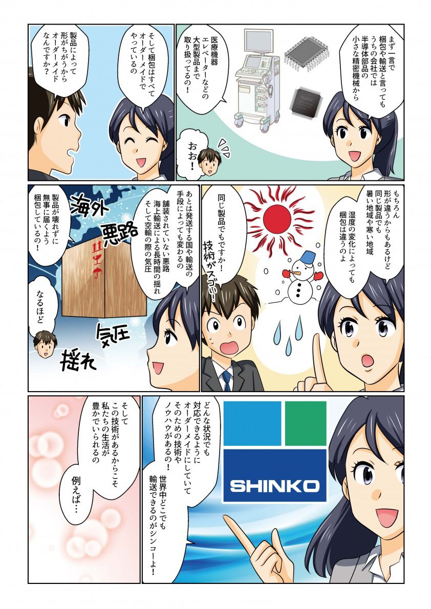 梱包や輸送といっても
うちの会社では
半導体部分の小さな精密機械から医療機器エレベーターなどの大型製品まで取り扱てるの！


そして梱包はすべてオーダーメイドでやっているの
製品によって形が違うからオーダーメイドなんですか

もちろん形が違うからもあるんだけど同じ製品でも熱い地域や寒い地域湿度の変化によっても梱包は違うのよ。

同じ製品もですか。

あとは発送する国や輸送の手段によって変わるの
舗装されてない悪路海上輸送による長い時間の揺れそして空輸の際の気圧

製品が壊れずに無事に届くように梱包してるの

どんな状況でも対応できるようにオーダーメイドいしていてそのための技術やノウハウがあるの

世界中どこでも輸送ができるのがシンコーよ

そしてこの技術があるからこそ
私たちの生活が豊かでいられるの