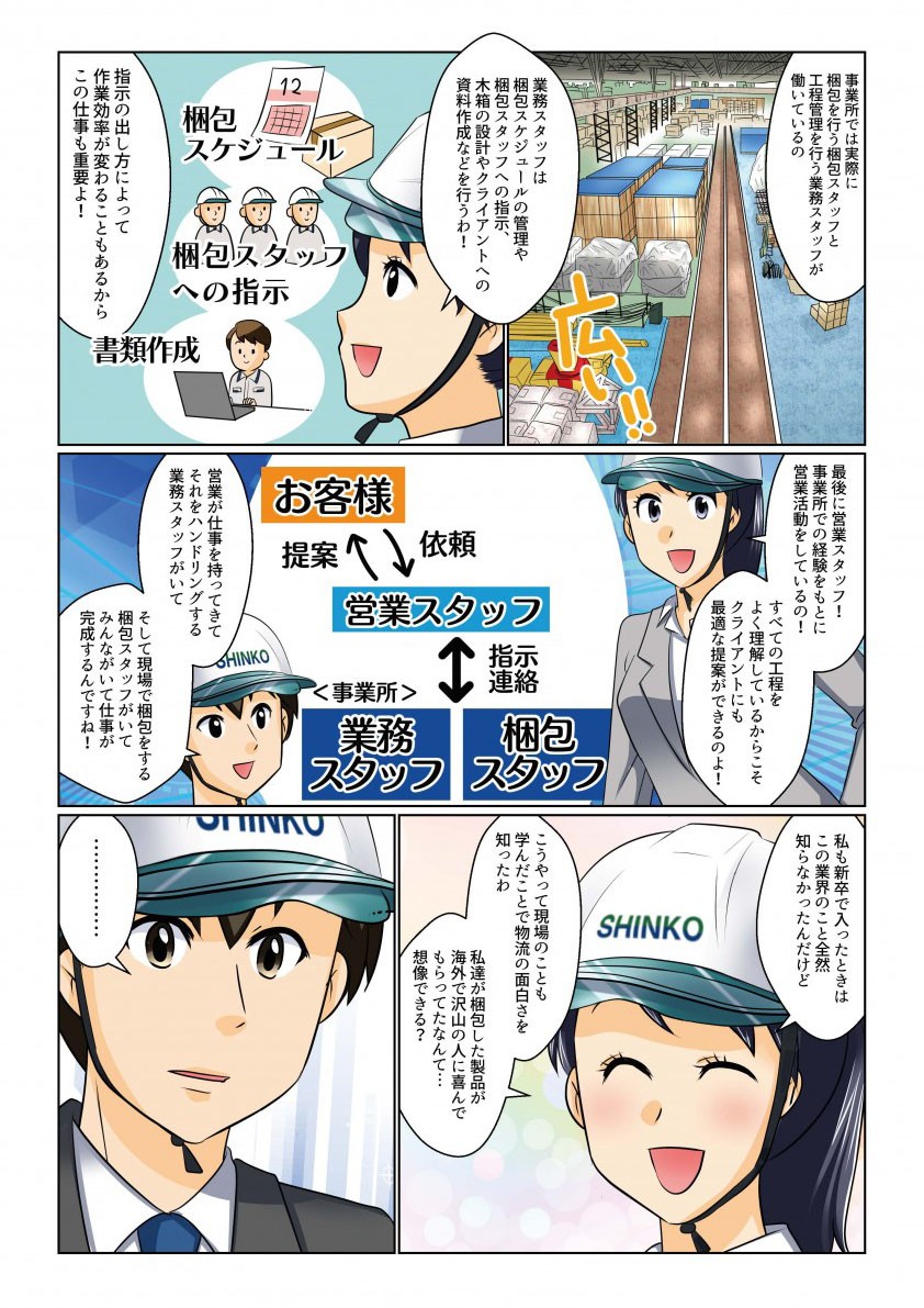 事業所では実際に梱包を行う梱包スタッフと工程管理を行う業務スタッフが働いているの

業務スタッフは

子家ジュール管理

支持

資料作成などを行っている


営業スタッフ


営業活動
すべての工程をよく理解してるからこそクライアントにも最適な提案ができるのよ

営業が仕事を持ってきてそれをハンドリングする業務スタッフがいて

そして現場で梱包するスタッフがいてみんながいて仕事が完成するんですね

海外でたくさんの人に喜んでもらってたなんて想像できる
