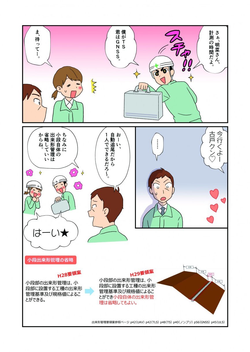 おーい、自動追尾だから1人でできるだろ～。ちなみに小段自体の出来形管理は省略していいからね。