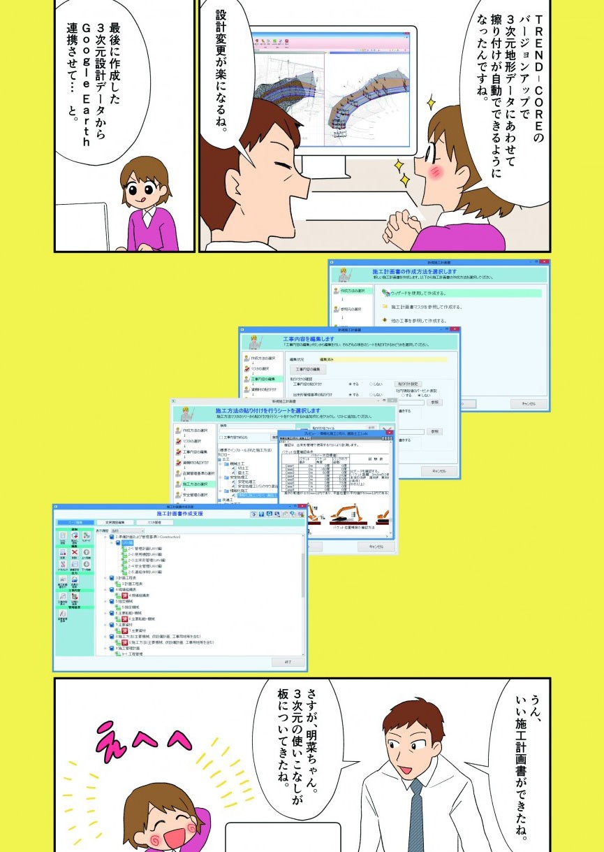 TREND‐COREのバージョンアップで3次元地形データにあわせて擦り付けが自動でできるようになったんですね。設計変更が楽になるね。
